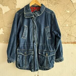 Vintage Denim Jacket Womens M Red Plaid Lining Blue Jean Cabincore Outdoors 90s
